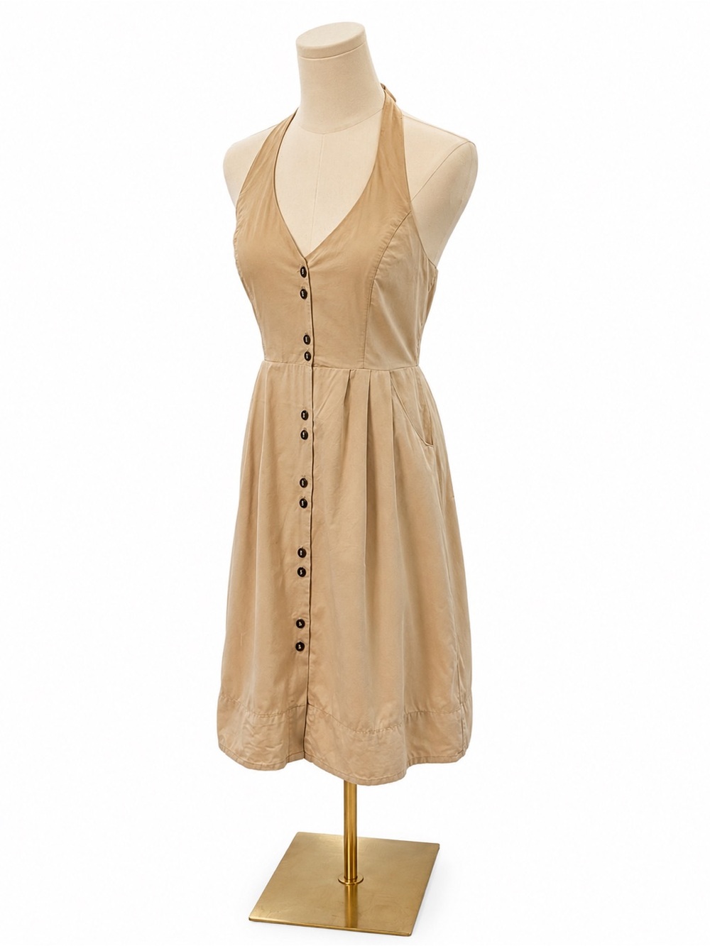 Maeve Tan Halter Mini Dress with Front Buttons